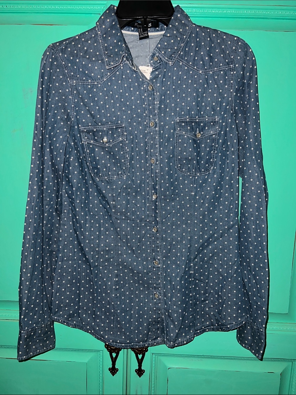 Forever 21 Women’s Blue Polka Dot Denim Shirt - Casual Long Sleeve